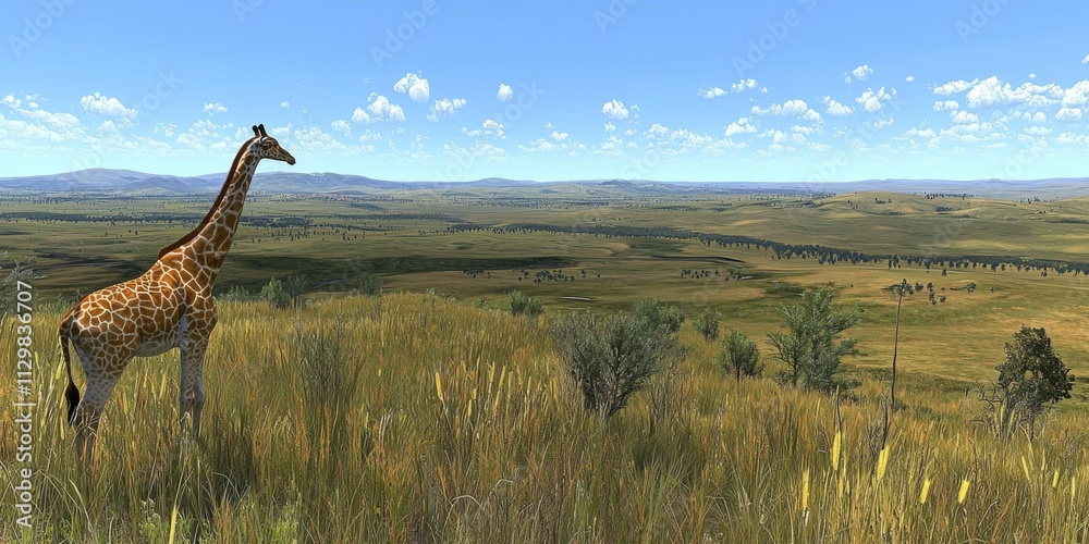 Obraz premium Giraffe in African Savanna Landscape Wildlife Nature Grassland Safari Animals