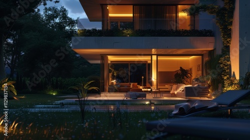A sleek villa illuminated at night, featuring an open-plan living space with large glass doors. The patio includes a comfortable lounge area and a well-kept garden. Ultra-detailed