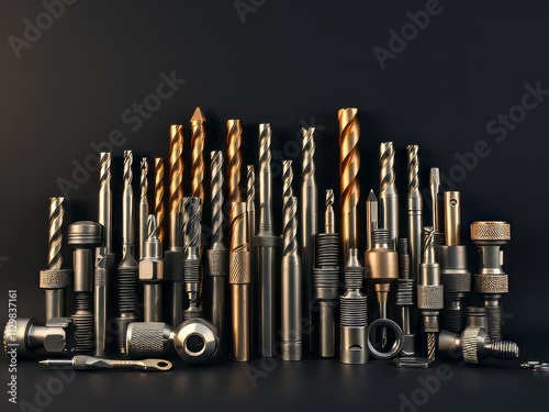 Black background showcases metal drilling tools.  Excellent copy space. photo