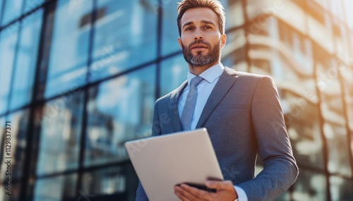 Businessman in a suit holding a laptop and file with sunset