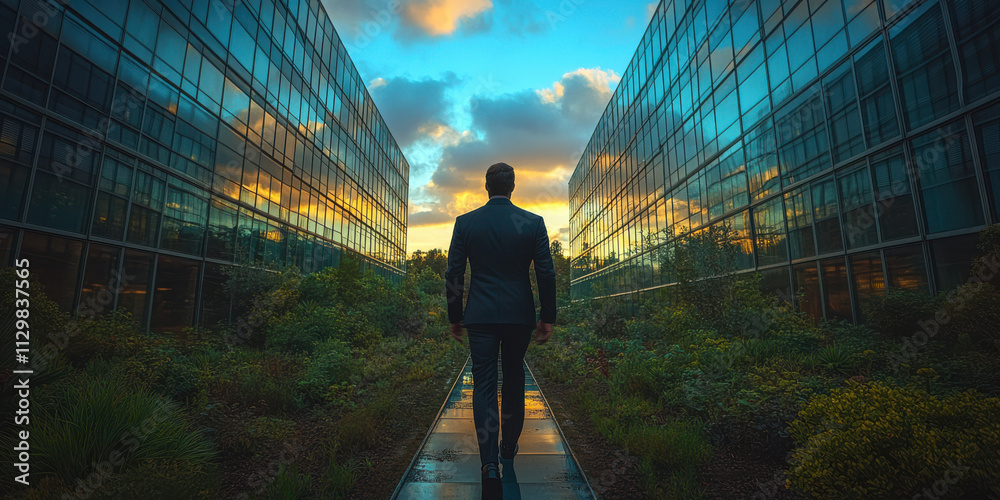 Obraz premium executive in a black suit walking towards glass buildings with a blue sky and clouds in the background