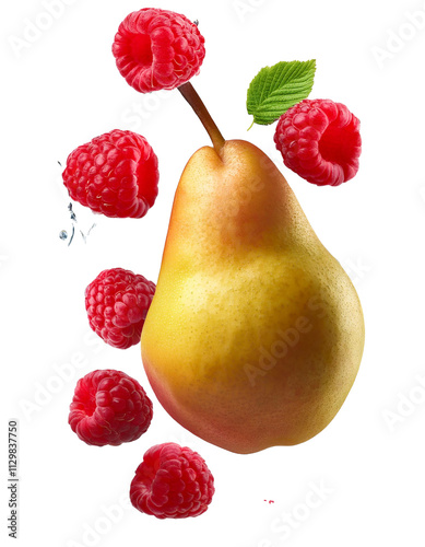 Natural sweetness of falling pear and raspberry isolated on white showcased in full depth of field