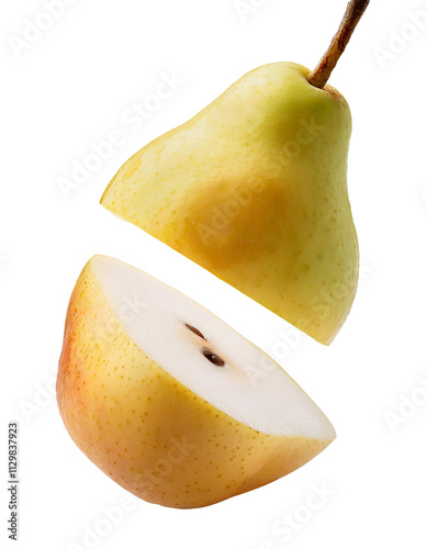 Another smooth natural cube of falling pear on white isolated highlighted in full depth of field