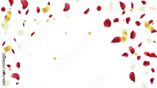 Red rose petals and golden confetti on white background. Vector illustration
