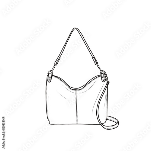 Hobo bag, shoulder bag for women, convertible to crossbody line art. Outline vector doodle illustration isolation on a white background