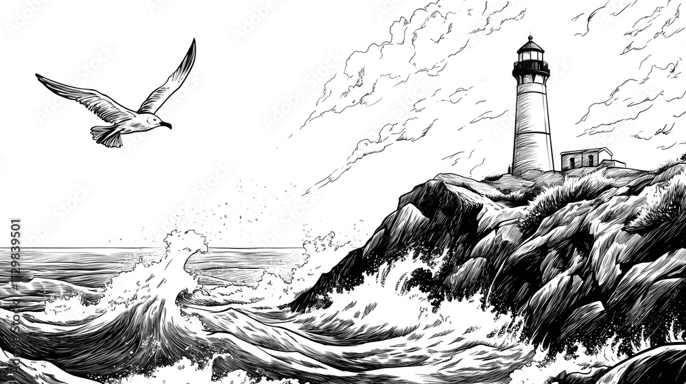 Fototapeta premium Dramatic Cliffside Lighthouse in Windy Conditions