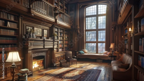 Wallpaper Mural A spacious library with high wooden shelves, a large fireplace Torontodigital.ca