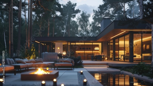 Wallpaper Mural A stylish modern villa at dusk, with interior lights shining through geometric windows. The patio boasts a fire pit and modern lounge furniture Torontodigital.ca