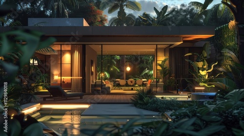 Wallpaper Mural A stylish modern villa at twilight with bright interior lights visible through expansive windows, a hot tub on the patio Torontodigital.ca