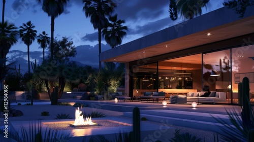 Wallpaper Mural A stylish villa at night with a glass facade, featuring a modern fire pit on the patio and a backdrop of tall palm trees. Ultra-detailed Torontodigital.ca