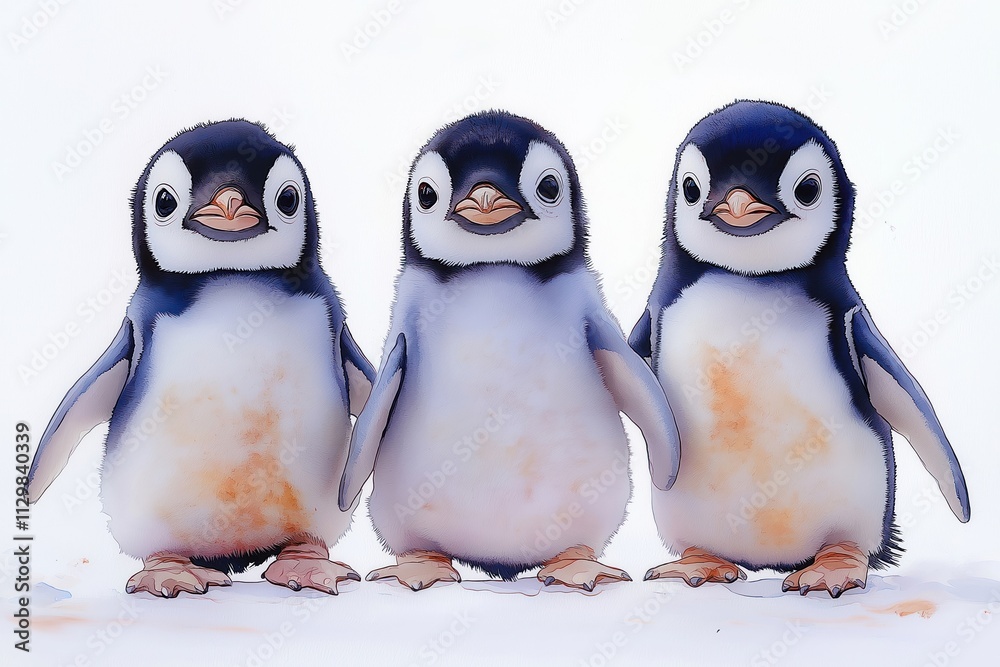 Fototapeta premium Three cute baby penguins stand in row against white background. Watercolor illustration style. Adorable, friendly. Perfect for children books, educational materials, project focused on animals