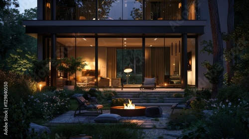 Wallpaper Mural A stylish villa at night with bright interior lights visible through large windows. The patio includes a fire pit and modern lounge furniture, surrounded by lush greenery. Ultra-detailed Torontodigital.ca