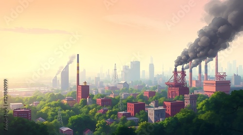 Industrial skyline with emissions over forest, symbolizing carbon capture and storage.