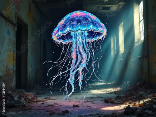 Sketchy jellyfish, deep-sea urban adventure. photo