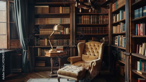 Wallpaper Mural A traditional home library with dark wooden shelves, a high-backed armchair Torontodigital.ca