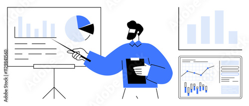 Business person pointing at charts on a flipboard with a pointer while holding a clipboard. Surrounding area features various graphical data representations. Ideal for business strategies, marketing
