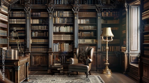 Wallpaper Mural A traditional home library with dark wooden shelves, a high-backed armchair Torontodigital.ca