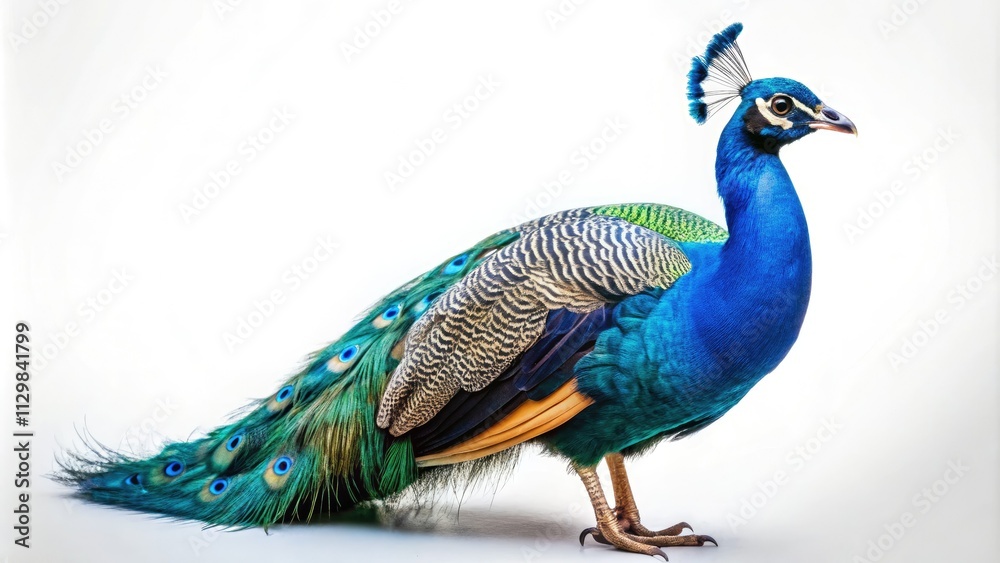 Fototapeta premium Soaring blue peafowl, a majestic aerial view against a pristine white backdrop.