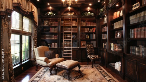 Wallpaper Mural A traditional library with dark wooden shelves, a rolling ladder Torontodigital.ca