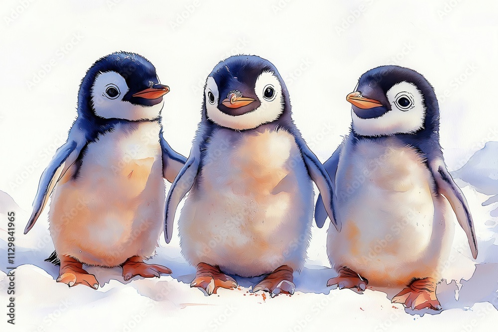 Fototapeta premium Cute baby penguins stand together on snow. Watercolor illustration. Friendly, adorable. Three little penguins in group. Look happy, playful. Perfect for kids products nature lovers. Lovely