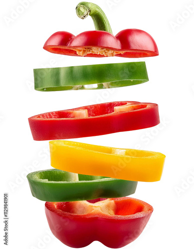 Falling chopped bell pepper isolated on white background with full depth of field showcasing colorful variety and vibrant tones always.