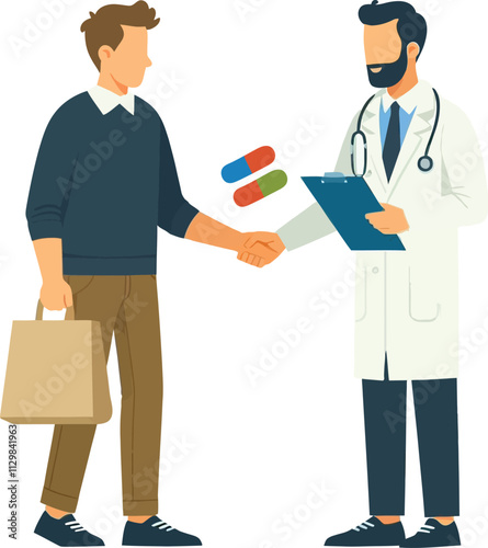  illustration of a male pharmacist handing a customer