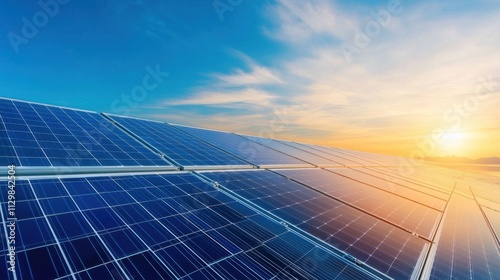 Solar Panels on Rooftop with Sunset Sky and Vibrant Colors