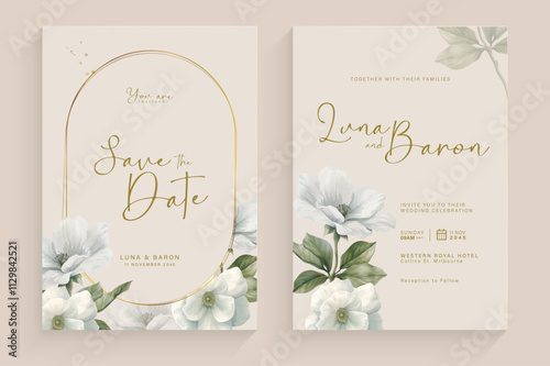 Aesthetic Wedding Invitation Template with Vintage White Flower Watercolor Arrangement