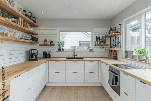 Modern White Kitchen with Wood Accents and Natural Light