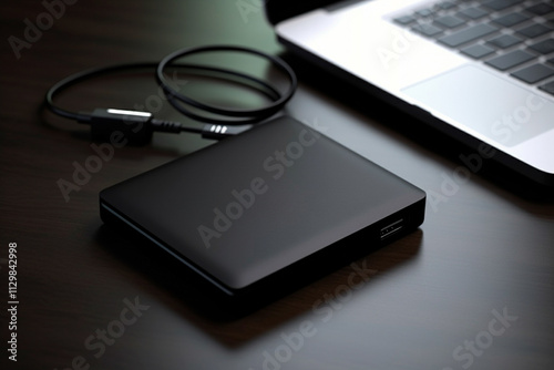 Portable external SSD or hard drive with USB connection for versatile storage options.