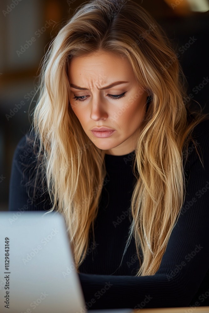 Portrait of a concerned young woman with long blonde hair, sitting at a desk and focused on her laptop