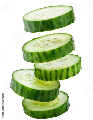 Falling chopped cucumber isolated on white background with full depth of field with vibrant green crunch and natural beauty always observed.
