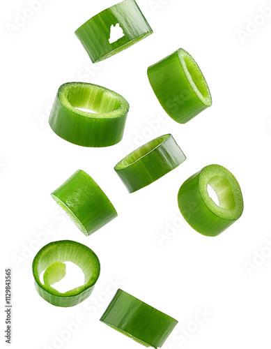 Falling chopped green onion isolated on white background with full depth of field showcasing fresh and vibrant appeal and natural beauty always.