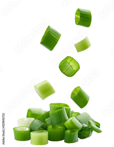 Falling chopped green onion isolated on white background with full depth of field showcasing fresh and vibrant appeal and natural beauty always seen.