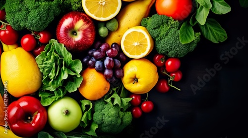 Fresh fruits and vegetables background. Healthy food concept. Top view. Generate Ai