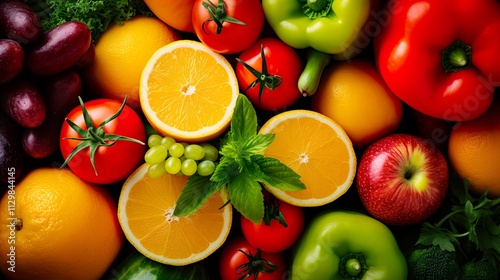 Fresh fruits and vegetables background. Healthy food concept. Top view. Generate Ai