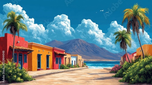 Colorful Coastal Village Street Scene Under a Blue Sky