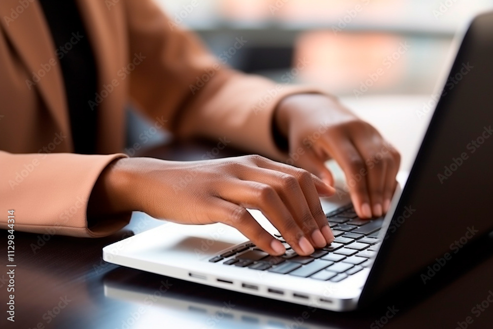 Focused hands of an African American woman using a laptop for her work responsibilities. Focused hands of an African American woman using a laptop for her work responsibilities.