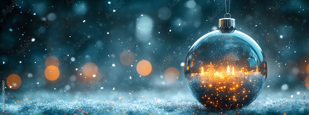 Christmas Snow Globe In Eve Night - Wish Concept With Blue Abstract Defocused Background,



