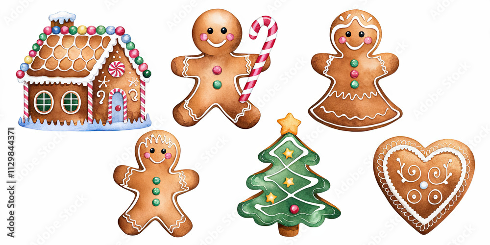 Naklejka premium Watercolor Christmas Gingerbread Cookies House Tree Festive Holiday Treats