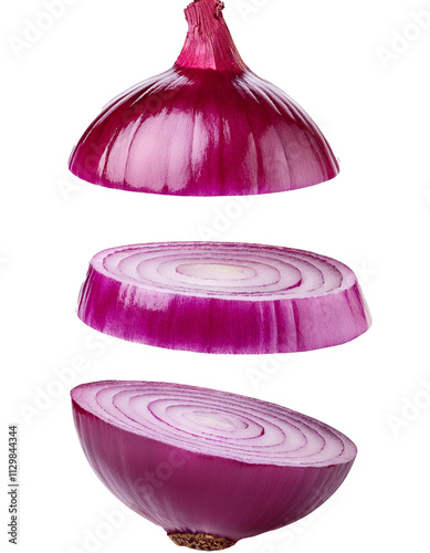 Falling chopped red onion isolated on white background with full depth of field with bold purple hues and natural beauty always.