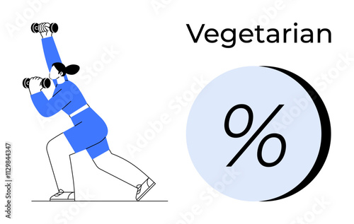 Woman lifting dumbbells in activewear, accompanied by the word Vegetarian and a percentage icon. Ideal for health, fitness, wellness, nutrition, dietary choices, vegetarianism promotion, active