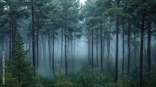 A serene forest shrouded in mist, showcasing tall trees and lush greenery.