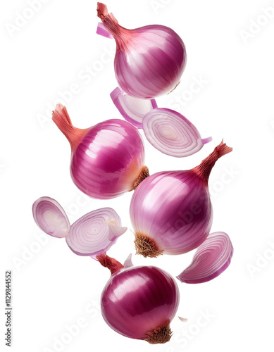 Falling chopped shallots isolated on white background with full depth of field showcasing subtle aromatic appeal and natural beauty always seen.