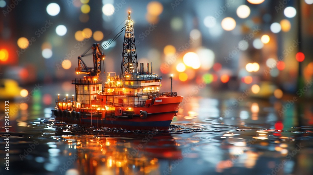 Fototapeta premium Illuminated model ship on water at night.