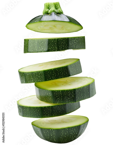 Falling chopped zucchini isolated on white background with full depth of field highlighting natural green hues and natural beauty always.