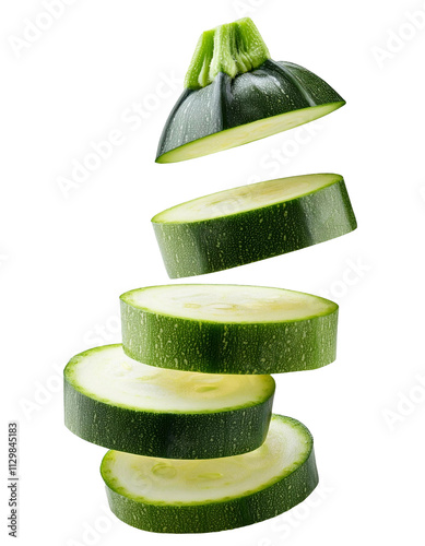 Falling chopped zucchini isolated on white background with full depth of field highlighting natural green hues and natural beauty always found.