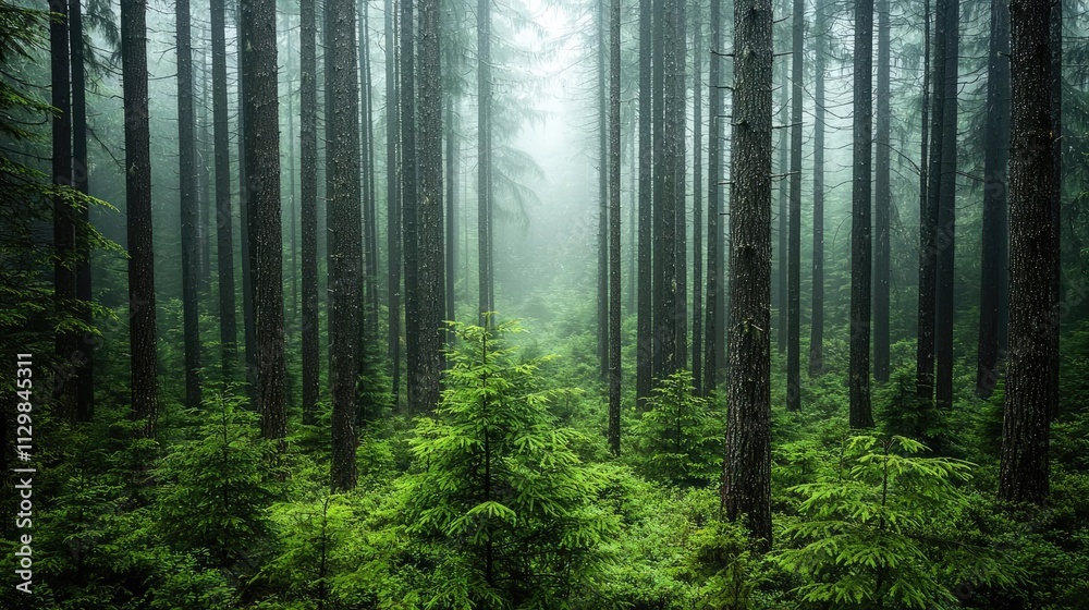 Misty forest landscape with tall trees and vibrant green foliage creating a serene atmosphere. Misty forest landscape with tall trees and vibrant green foliage creating a serene atmosphere.