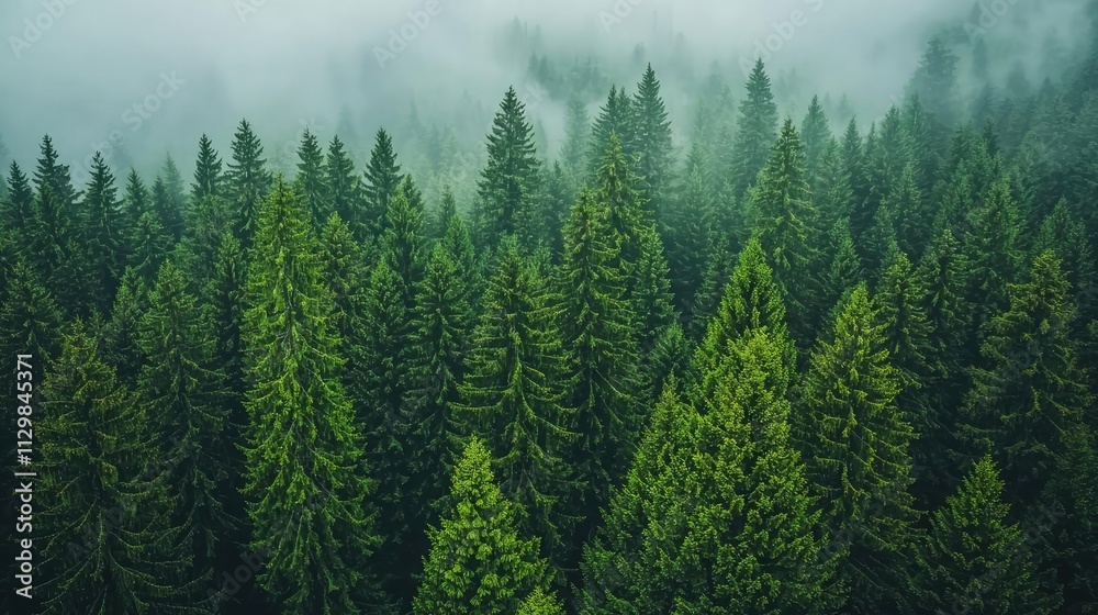 A serene aerial view of lush evergreen trees surrounded by misty fog in nature. A serene aerial view of lush evergreen trees surrounded by misty fog in nature.