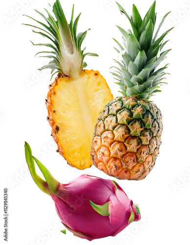 Falling dragonfruit and pineapple isolated on white background with full depth of field with exotic colors and natural beauty always seen. photo